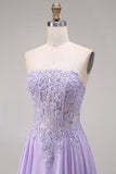 Tulle Lilac Strapless Corset A-Line Appliqued Long Ball Dress