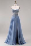 Steel Blue Chiffon Corset A-Line Beaded Appliqued Long Ball Dress with Slit