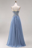Steel Blue Chiffon Corset A-Line Beaded Appliqued Long Ball Dress with Slit