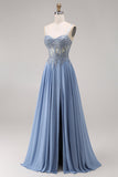 Steel Blue Chiffon Corset A-Line Beaded Appliqued Long Ball Dress with Slit
