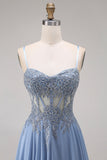 Steel Blue Chiffon Corset A-Line Beaded Appliqued Long Ball Dress with Slit