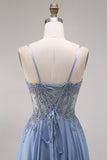 Steel Blue Chiffon Corset A-Line Beaded Appliqued Long Ball Dress with Slit