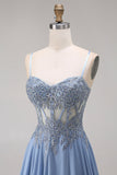 Steel Blue Chiffon Corset A-Line Beaded Appliqued Long Ball Dress with Slit