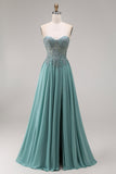 Chiffon Eucalyptus Sweetheart Corset A-Line Beaded Appliqued Long Ball Dress with Slit