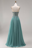 Chiffon Eucalyptus Sweetheart Corset A-Line Beaded Appliqued Long Ball Dress with Slit