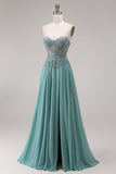 Chiffon Eucalyptus Sweetheart Corset A-Line Beaded Appliqued Long Ball Dress with Slit