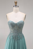 Chiffon Eucalyptus Sweetheart Corset A-Line Beaded Appliqued Long Ball Dress with Slit