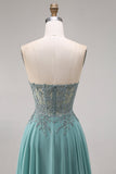 Chiffon Eucalyptus Sweetheart Corset A-Line Beaded Appliqued Long Ball Dress with Slit
