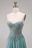 Chiffon Eucalyptus Sweetheart Corset A-Line Beaded Appliqued Long Ball Dress with Slit