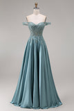 Agave Satin Off the Shoulder Corset A-Line Beaded Appliqued Long Ball Dress