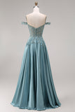 Agave Satin Off the Shoulder Corset A-Line Beaded Appliqued Long Ball Dress