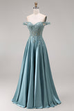 Agave Satin Off the Shoulder Corset A-Line Beaded Appliqued Long Ball Dress