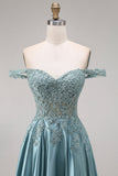 Agave Satin Off the Shoulder Corset A-Line Beaded Appliqued Long Ball Dress