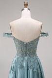 Agave Satin Off the Shoulder Corset A-Line Beaded Appliqued Long Ball Dress