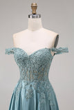 Agave Satin Off the Shoulder Corset A-Line Beaded Appliqued Long Ball Dress