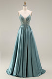 Agave Satin Corset A-Line Beaded Appliqued Long Ball Dress with Slit