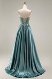 Agave Satin Corset A-Line Beaded Appliqued Long Ball Dress with Slit