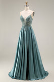 Agave Satin Corset A-Line Beaded Appliqued Long Ball Dress with Slit