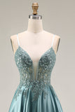 Agave Satin Corset A-Line Beaded Appliqued Long Ball Dress with Slit