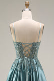Agave Satin Corset A-Line Beaded Appliqued Long Ball Dress with Slit