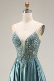 Agave Satin Corset A-Line Beaded Appliqued Long Ball Dress with Slit