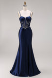 Satin Navy Mermaid Ruched Corset Lace-Up Back Long Ball Dress with Beading