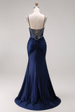 Satin Navy Mermaid Ruched Corset Lace-Up Back Long Ball Dress with Beading