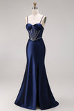 Satin Navy Mermaid Ruched Corset Lace-Up Back Long Ball Dress with Beading