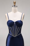 Satin Navy Mermaid Ruched Corset Lace-Up Back Long Ball Dress with Beading