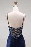 Satin Navy Mermaid Ruched Corset Lace-Up Back Long Ball Dress with Beading
