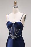Satin Navy Mermaid Ruched Corset Lace-Up Back Long Ball Dress with Beading