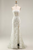 White Green Flower Sheer Corset Mermaid Embroidered Long Ball Dress with Slit