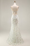 White Green Flower Sheer Corset Mermaid Embroidered Long Ball Dress with Slit