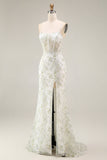 White Green Flower Sheer Corset Mermaid Embroidered Long Ball Dress with Slit