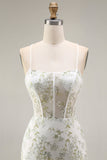 White Green Flower Sheer Corset Mermaid Embroidered Long Ball Dress with Slit