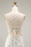 White Green Flower Sheer Corset Mermaid Embroidered Long Ball Dress with Slit