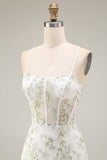 White Green Flower Sheer Corset Mermaid Embroidered Long Ball Dress with Slit