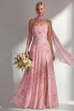 Chiffon Yellow Pink Flower Printed Ruched Strapless Long Bridesmaid Dress with Slit