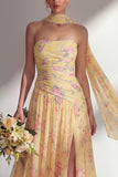 Chiffon Yellow Pink Flower Printed Ruched Strapless Long Bridesmaid Dress with Slit