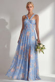 Chiffon Blue Pink Flower One Shoulder Ruched Printed Long Bridesmaid Dress with Slit