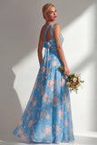 Chiffon Blue Pink Flower One Shoulder Ruched Printed Long Bridesmaid Dress with Slit
