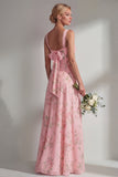 Chiffon Blue Pink Flower One Shoulder Ruched Printed Long Bridesmaid Dress with Slit