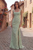 Dusty Sage Mermaid Floral Square Neck Long Ball Dress with Slit