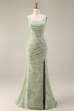 Dusty Sage Mermaid Floral Square Neck Long Ball Dress with Slit
