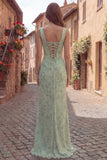 Dusty Sage Mermaid Floral Square Neck Long Ball Dress with Slit