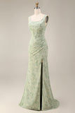 Dusty Sage Mermaid Floral Square Neck Long Ball Dress with Slit