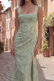 Dusty Sage Mermaid Floral Square Neck Long Ball Dress with Slit