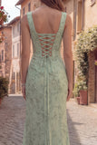 Dusty Sage Mermaid Floral Square Neck Long Ball Dress with Slit