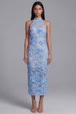 Blue Lace Halter Neck Bodycon Floral Long Wedding Guest Dress with Slit