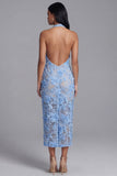 Blue Lace Halter Neck Bodycon Floral Long Wedding Guest Dress with Slit